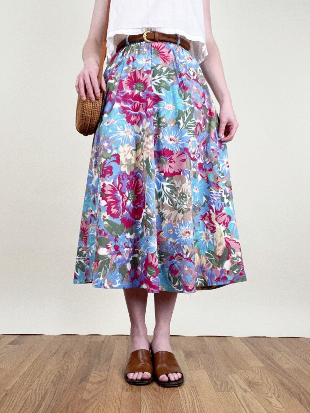 Vintage 90s 100% Cotton Floral Print Midi Skirt A-Line Fit Flare Romantic 1990's